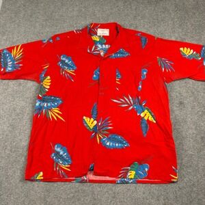 Vintage 90s‎ CC Sport Hawaiian Shirt Mens 2X Red Tropical Leaf Print Button Up